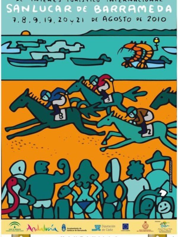 Cartel promocional de las Carreras de Caballos de Sanlúcar de Barrameda, celebradas del 7 al 21 de agosto de 2010, con un diseño artístico y festivo.
