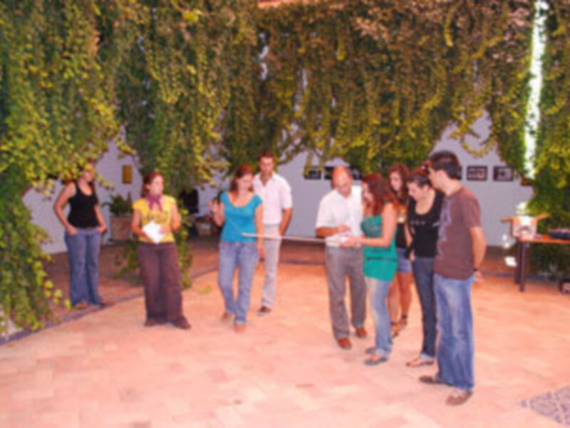 Una escena festiva con personas en una fiesta al aire libre, rodeadas de vegetación y luces de colores.