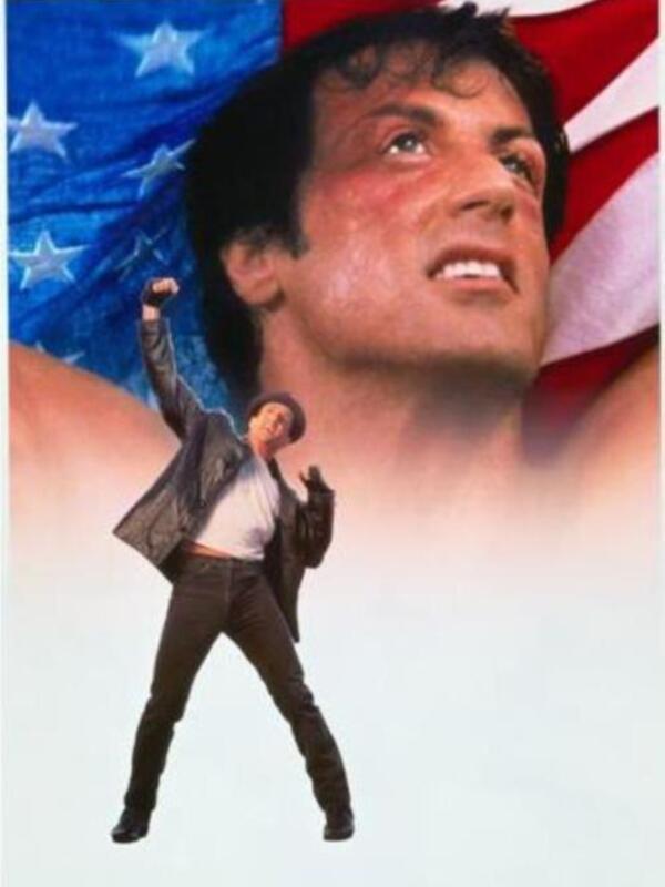 Una imagen de Rocky Balboa en una pose icónica con el fondo de una bandera americana, simbolizando su legado como un héroe nacional.