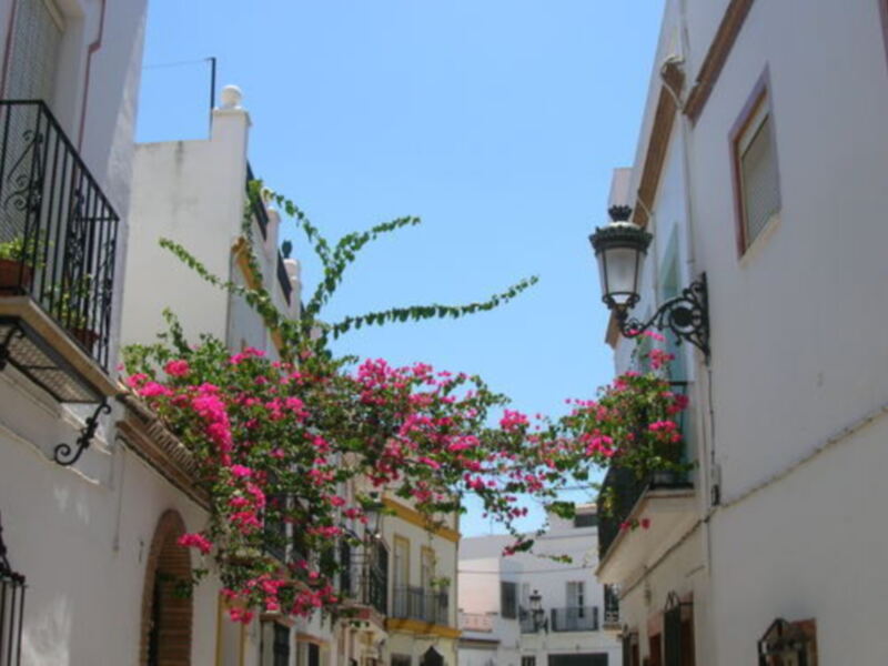 Callejón con flores rosadas y balcones blancos en un entorno mediterráneo soleado.