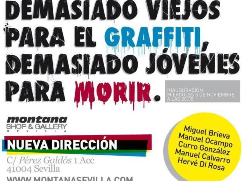 Invitación a la inauguración de la exposición 'Demasiado viejos, demasiado jóvenes' en Montana Shop & Gallery, Sevilla, el miércoles 3 de noviembre a las 20:30.