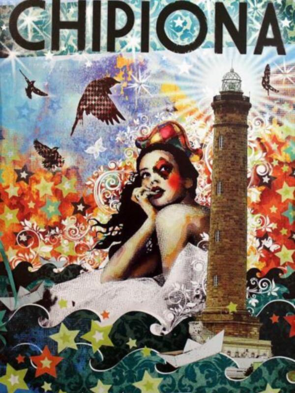 Poster for Chipiona Carnival 2011 featuring a colorful illustration of a woman and a lighthouse, with festive stars and birds in the background.