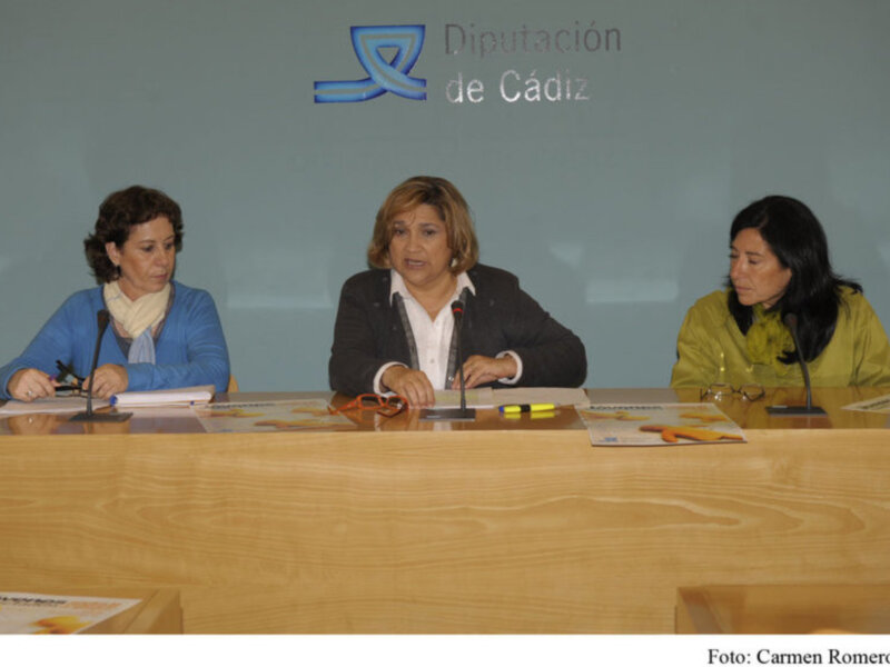 Tres personas sentadas en una mesa con un fondo que muestra la imagen de la Diputación de Cádiz.