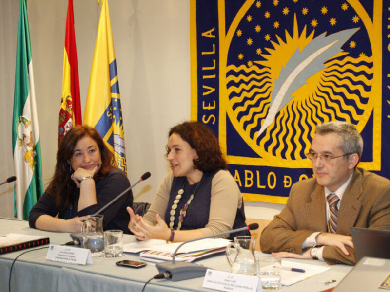 Conferencia en Sevilla con representantes de la Junta de Andalucía y otros países, destacando el emblema y banderas oficiales.