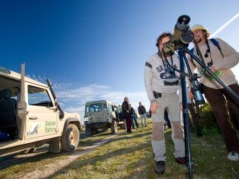 Dos personas observan a través de un telescopio en un viaje de campo, con vehículos y otros participantes en el fondo bajo un cielo azul claro.
