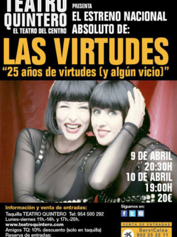 Cartel de la obra teatral 'Las Virtudes' en el Teatro Quintero, con una actriz sonriendo y el texto informativo sobre la fecha y hora del estreno.
