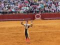 Torero in traditional attire celebrating in the arena, surrounded by a cheering crowd.