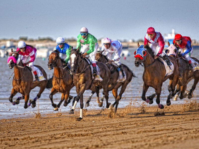 Competitivo galope de caballos en la playa con jinetes en carrera.