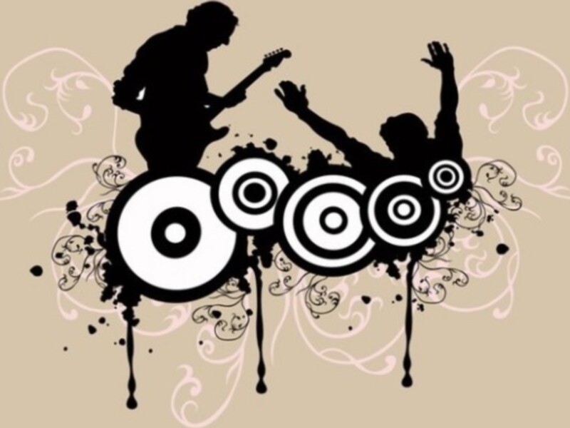 Ilustración de dos músicos tocando guitarra, con un fondo de círculos y flores en blanco y negro sobre un fondo beige claro.