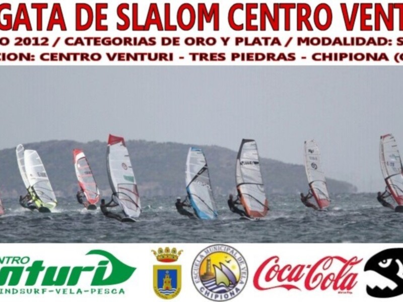 Regata de Slalom de Windsurf en el Centro Venturi, Chipiona, Cádiz, el 12 de mayo de 2012, con categorías de oro y plata, en modalidad de Slalom, ubicación en Tres Piedras.