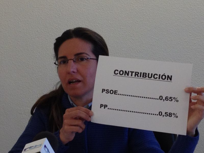 Mujer hablando mientras sostiene un cartel con datos de contribución del PSOE y PP.