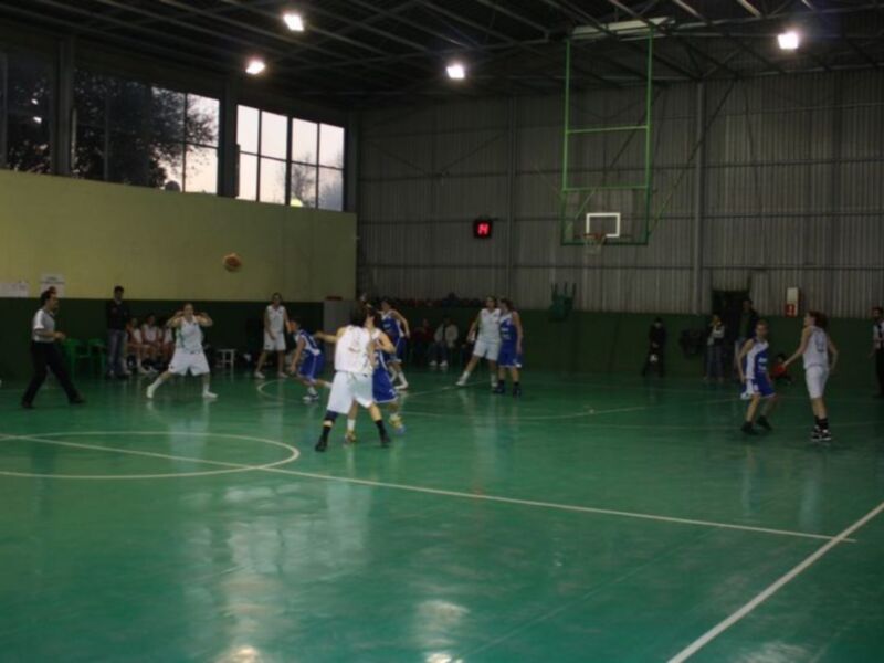 Juego de baloncesto en una cancha deportiva con jugadores en acción y espectadores en el fondo.