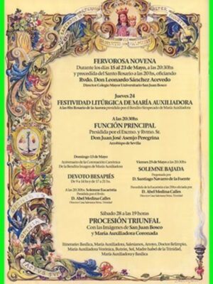 Mes de Mayo: Mes de María, Cultos en Honor y Gloria de María Auxiliadora Coronada en su Basílica en la Casa Salesiana de la Trinidad en Sevilla.