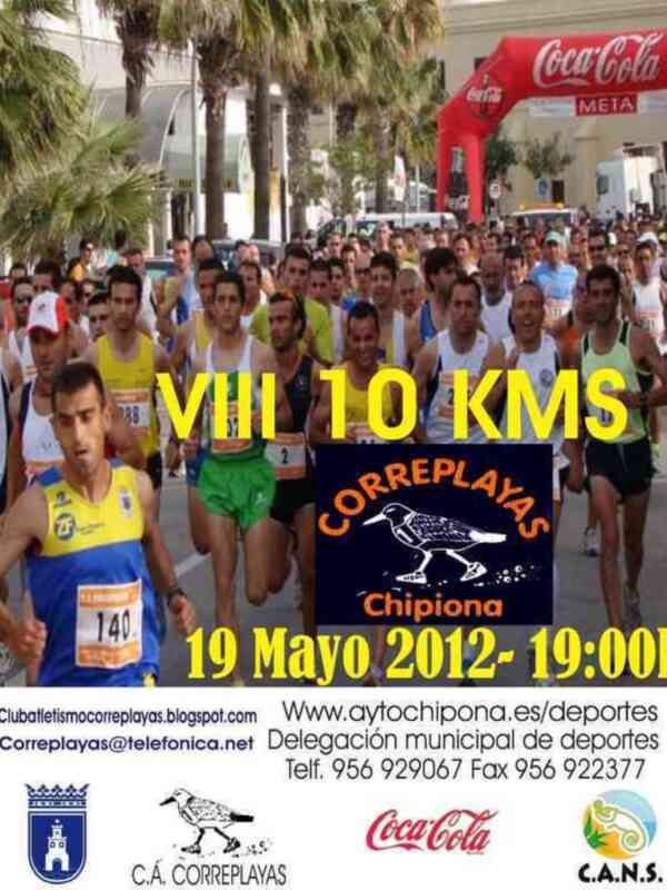 VIII 10KMS Correplayas Chipiona, 19 de mayo de 2012, 19:00h, con el logo de la delegación municipal de deportes de Chipiona y la marca de Coca-Cola.