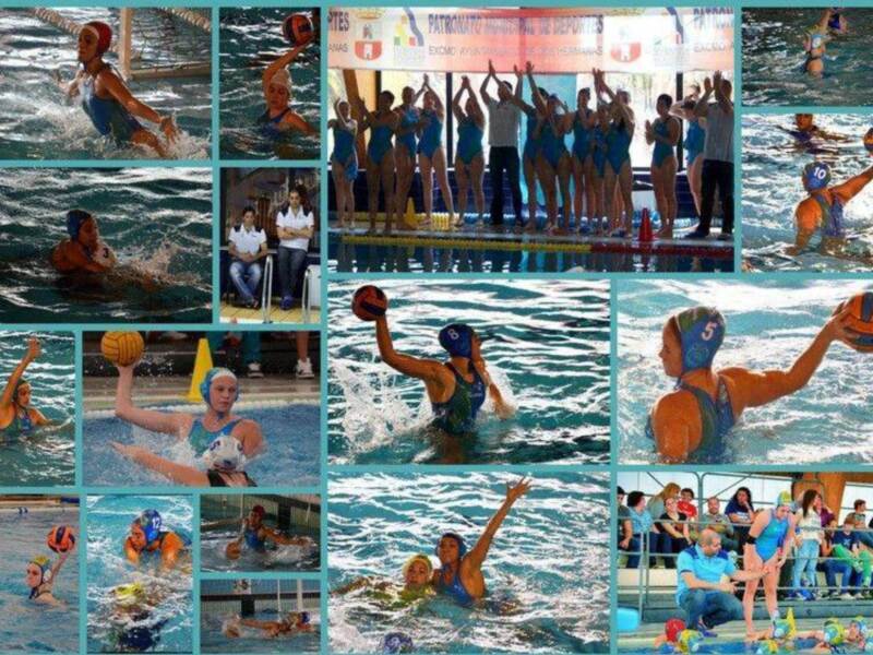 Collage de jugadores de waterpolo en acción y celebración en una piscina.
