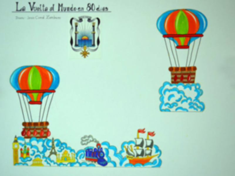 Dibujo infantil de una ciudad con un globo aerostático y una barca en el cielo azul.