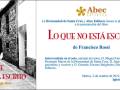Invitación a la presentación del libro 'Lo que no está escrito' de Francisco Rossi, organizada por la Hermandad de Santa Cruz y Abec Editores, el 2 de octubre de 2012.