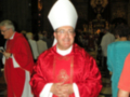Un sacerdote vestido con un hábito rojo y un casulla blanca, posiblemente en una ceremonia religiosa.
