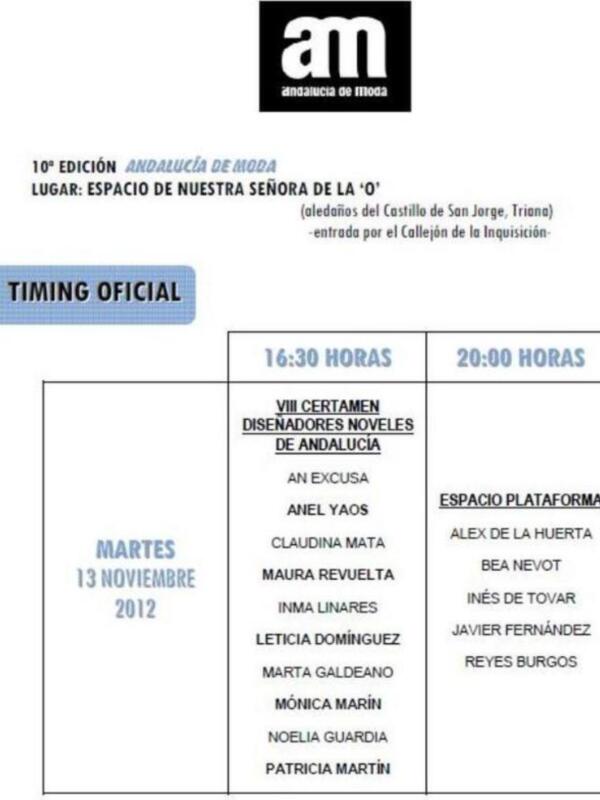 10ª Edición Andalucía de Moda, evento de moda en el Espacio de Nuestra Señora de la 'O', con entrada por el Callejón de la Inquisición, el 13 de noviembre de 2012. Timing oficial: 16:30 y 20:00 horas.