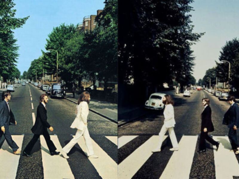 Los Beatles cruzando la calle en Abbey Road, Londres, en una imagen icónica de la cultura pop.