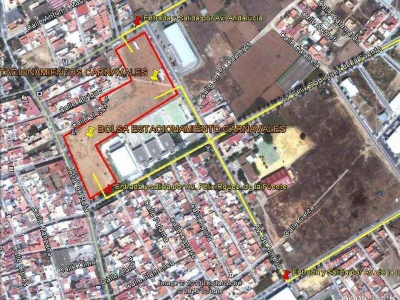 Mapa satelital mostrando el área de estacionamientos carnavales en una ciudad.