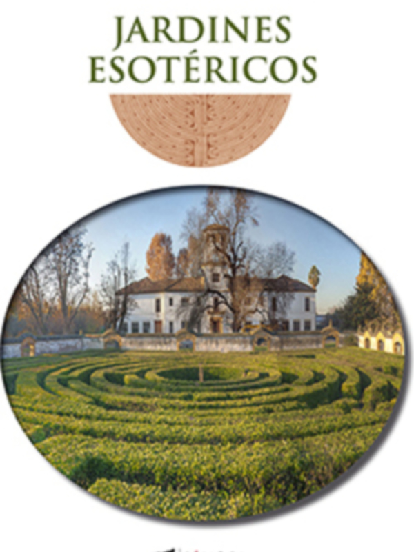 Un libro titulado 'Jardines Esotéricos' de Rafael Blanco Almenta, con una imagen de un jardín con un laberinto y una casa en el fondo.