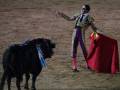 Un torero con traje tradicional y capa roja se prepara para enfrentarse a un toro negro en una plaza de toros.