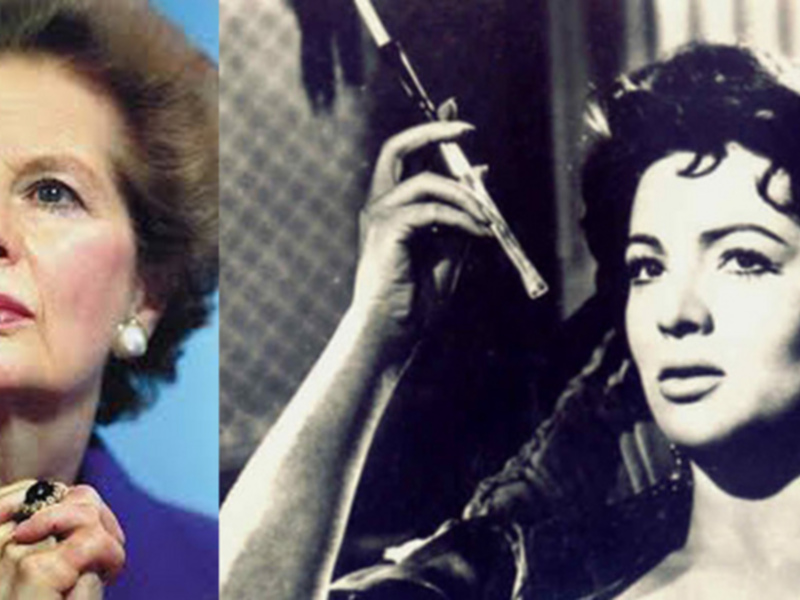 A comparison of two iconic figures: a historical political leader and a legendary actress, both symbols of strength and resilience in their respective fields.