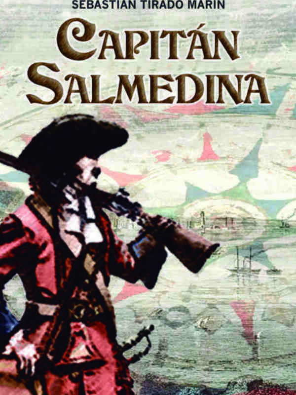 Portada del libro 'Capitán Salmedina' de Sebastián Tirado Marín, con ilustración de un pirata en un fondo de mapas náuticos.