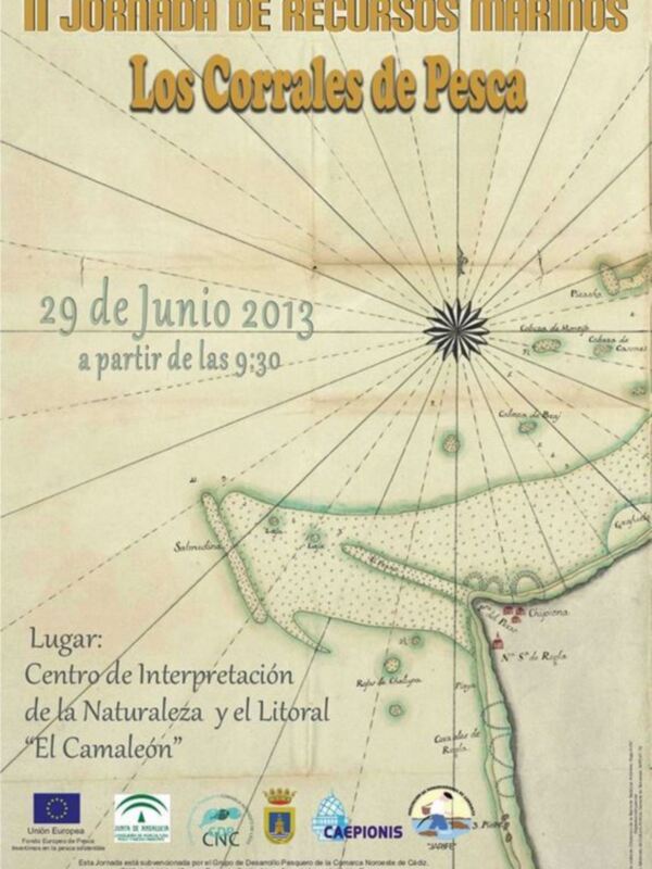 Cartel anunciando la II Jornada de Recursos Marinos en Los Corrales de Pesca, 29 de junio de 2013, a partir de las 9:30, en el Centro de Interpretación de la Naturaleza y el Litoral "El Camaleón".
