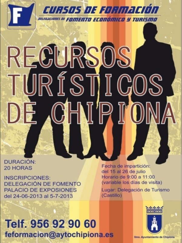 Cartel informativo sobre cursos turísticos en Chipiona, del 15 al 26 de julio, de 9:00 a 11:00, en el Palacio de Exposiciones.