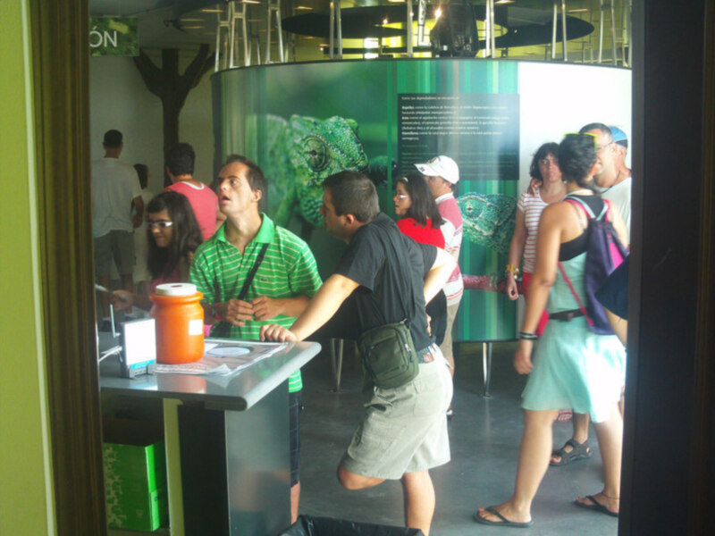 Exposición de reptiles en un museo, visitantes observando y aprendiendo sobre la biodiversidad.