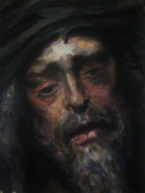 Detalle de un retrato de hombre con barba y cabello oscuro, pintura al óleo con textura y expresión sombría.
