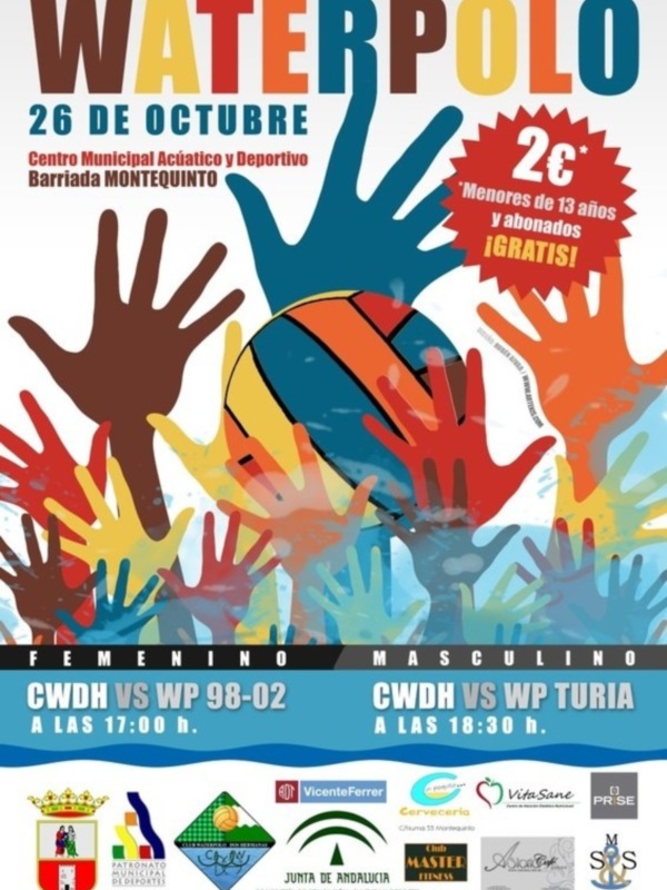 Cartel de waterpolo con manos multicolores y detalles de eventos y precios.