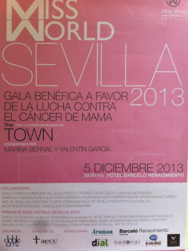 Cartel anunciando la Gala Benéfica Miss World Sevilla 2013, con actuación musical y premios en un hotel de Sevilla.