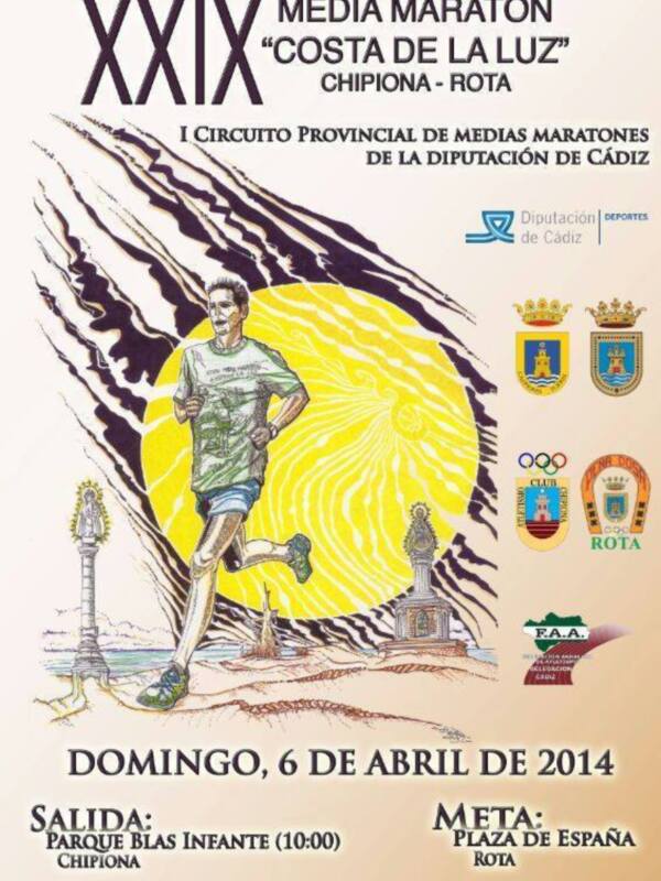 XXIX Media Maratón "Costa de la Luz" Chipiona-Rota, 6 de abril de 2014, salida en el Parque Blas Infante a las 10:00, meta en la Plaza de España de Rota.