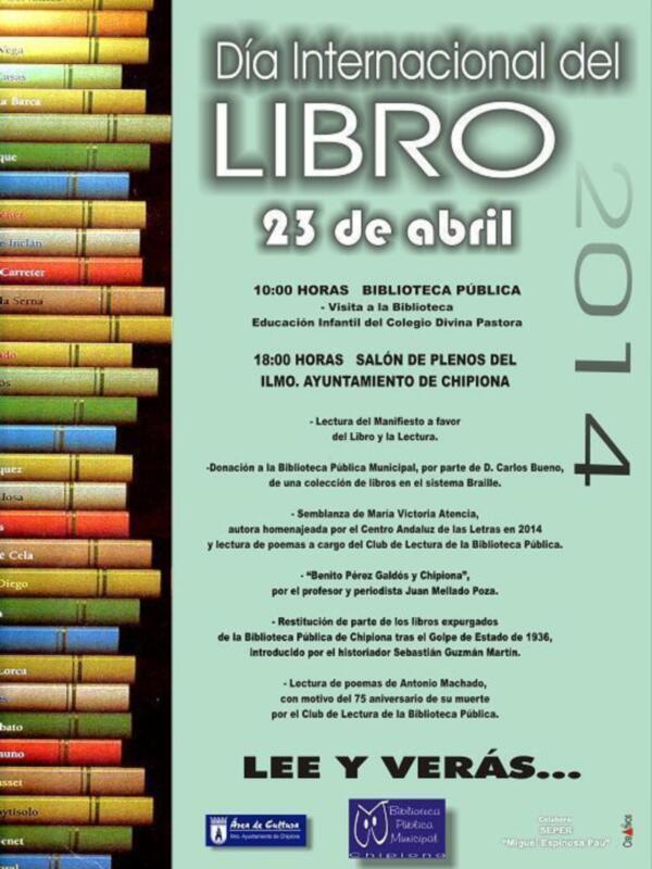 Día Internacional del Libro en Chipiona, con actividades en la Biblioteca Pública y el Salón de Plenos del Ayuntamiento, el 23 de abril de 2014.
