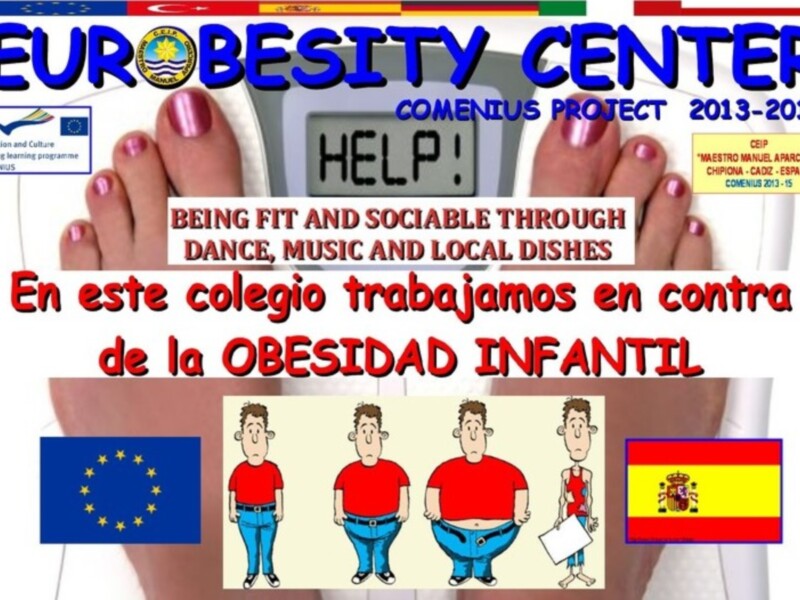 Cartel informativo sobre el Centro de Obesidad Infantil y la promoción de un estilo de vida saludable y activo, destacando la importancia de la nutrición local y la participación sociocultural.