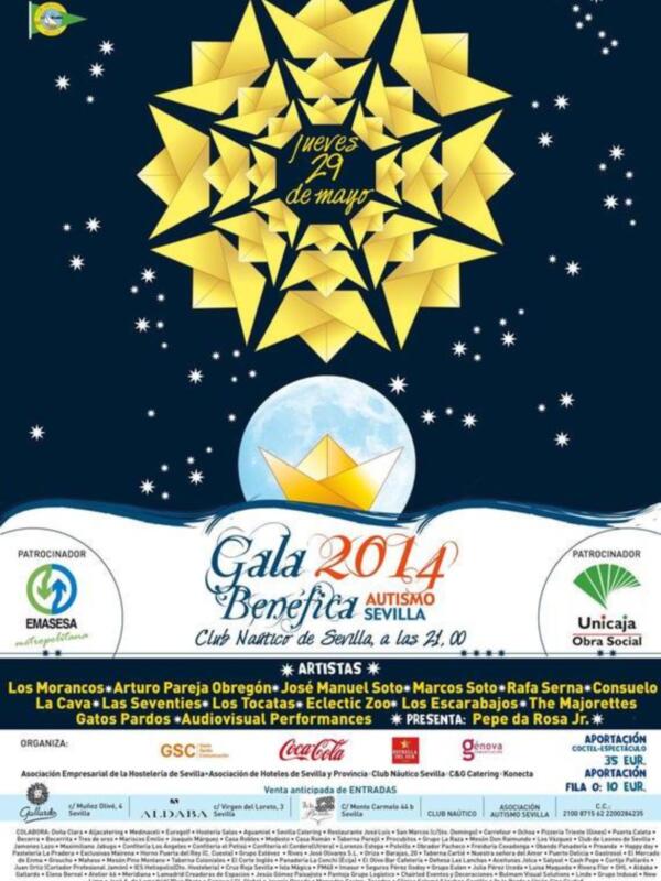 Afiche de la Gala Benéfica 2014 de Autismo Sevilla, con artistas como Los Morancos y Los Escarabajos, celebrada en el Club Náutico de Sevilla el jueves 29 de mayo a las 21:00.
