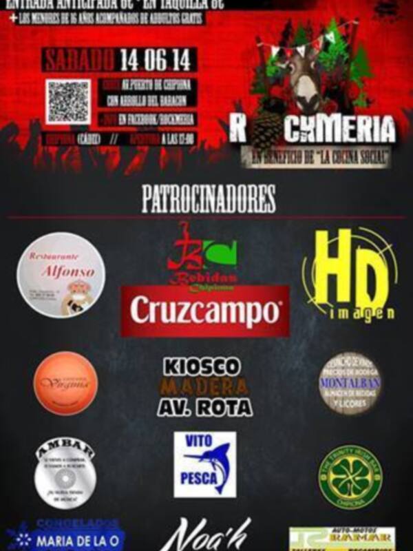 Cartel informativo con detalles de una actividad social, incluyendo patrocinadores y fechas específicas.