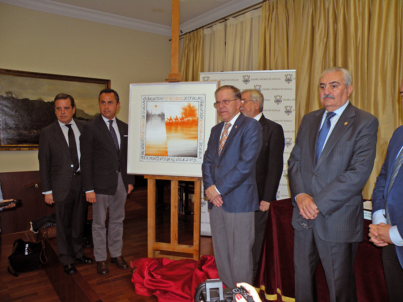 Presentación oficial en un evento formal con hombres en trajes y una pantalla con texto en español.