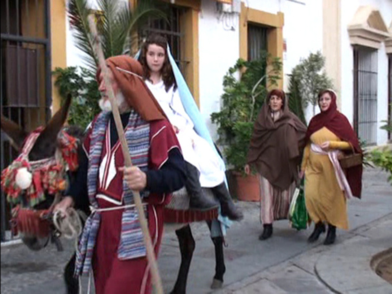 Personas vestidas con trajes tradicionales caminando por una calle con palmeras y edificios blancos.