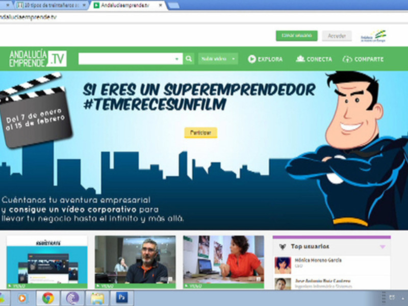 Página web de Andalucía Emprende TV con un llamado a participar en el concurso #Temerecesunfilm y promoción de videos corporativos para emprendedores.