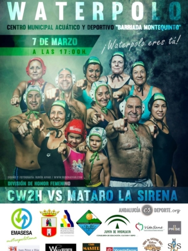 Cartel promocional del partido de waterpolo entre CW2H y Mataró La Sirena, celebrado el 7 de marzo a las 17:00 en el Centro Municipal Acuático y Deportivo Barriada Montequinto.