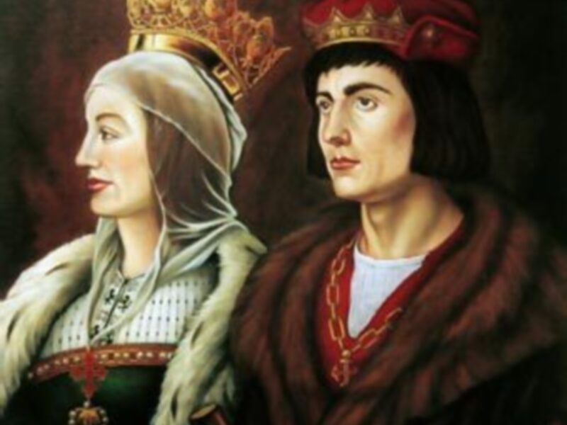 Retrato de pareja real con coronas y vestimenta medieval, representando la nobleza o la monarquía.