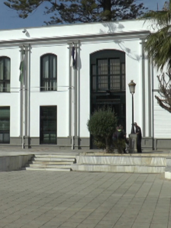 Fachada blanca de un edificio con columnas y banderas, rodeado de árboles y una plaza pavimentada.