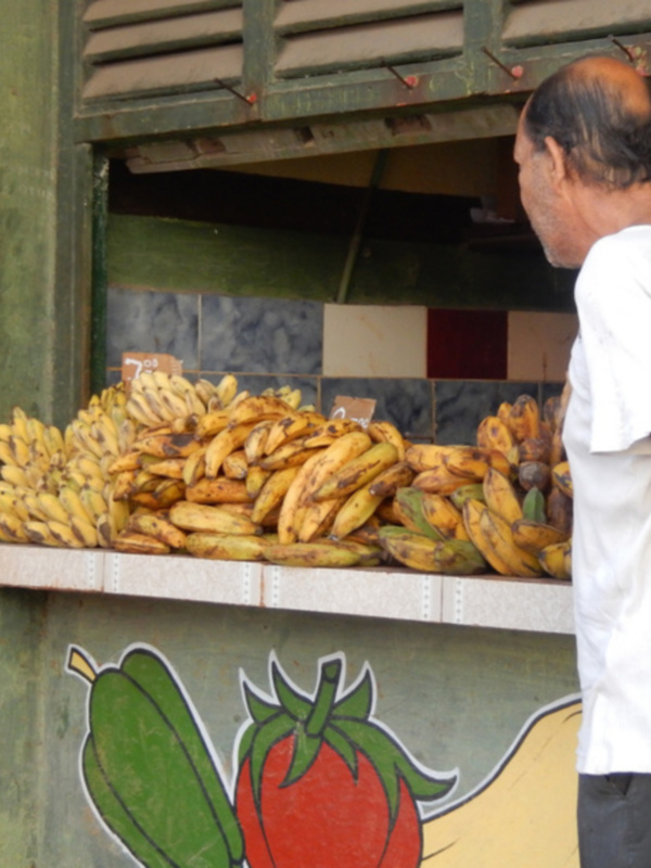 Un hombre frente a una tienda de frutas con una gran cantidad de plátanos en el mostrador.
