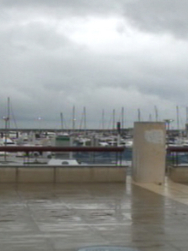 Vista de un muelle marítimo con barcos anclados bajo un cielo nublado.