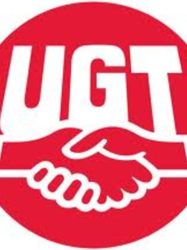 Logo de UGT con manos entrelazadas, representando la unión y la cooperación.