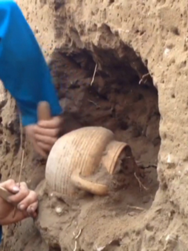 Un arqueólogo excavando una antigua cerámica en una tumba antigua.